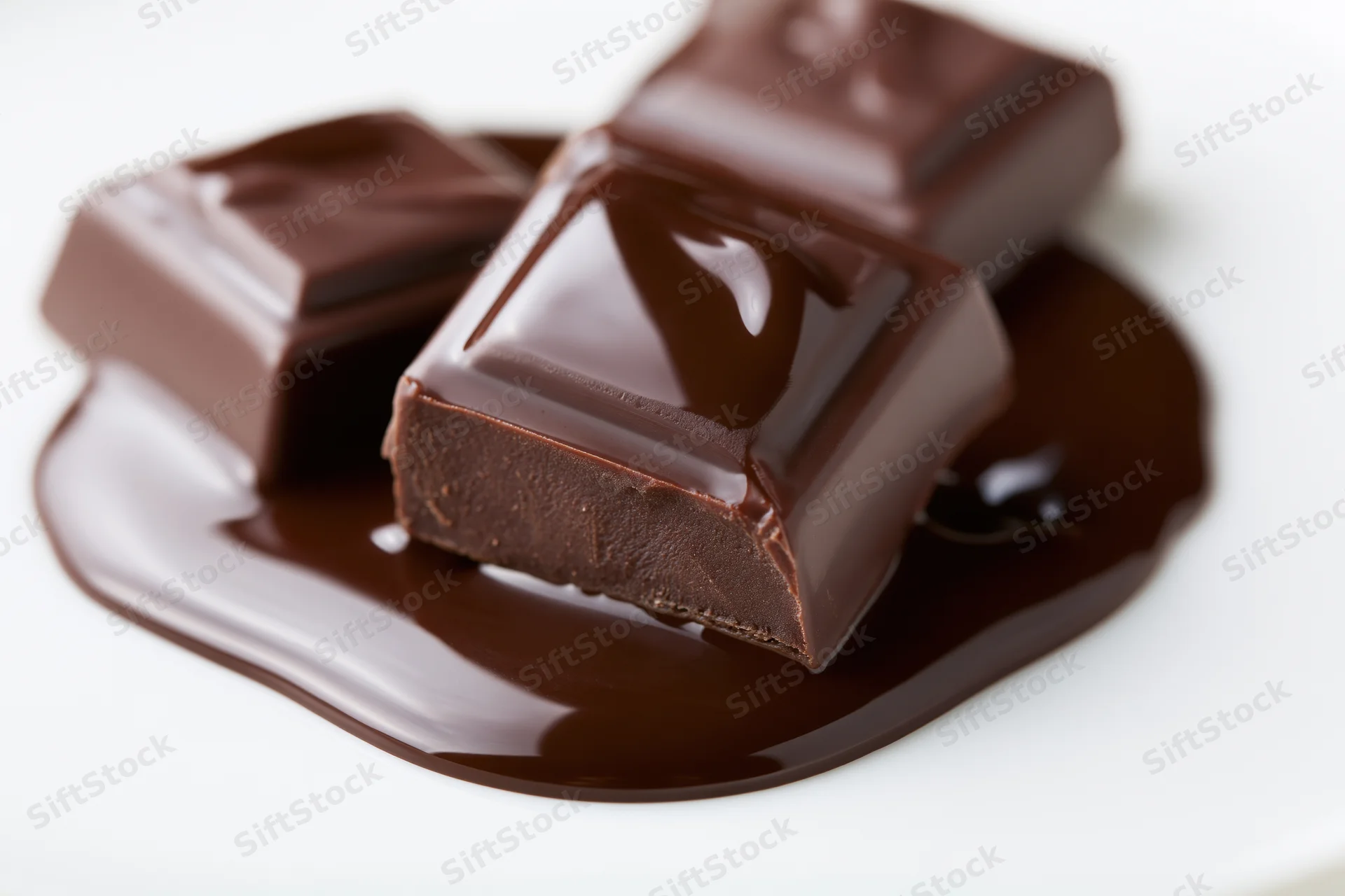 Dark chocolate squares resting in a pool of melted chocolate on a white surface