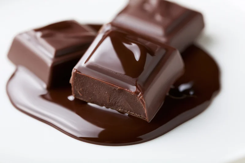 Dark chocolate squares resting in a pool of melted chocolate on a white surface