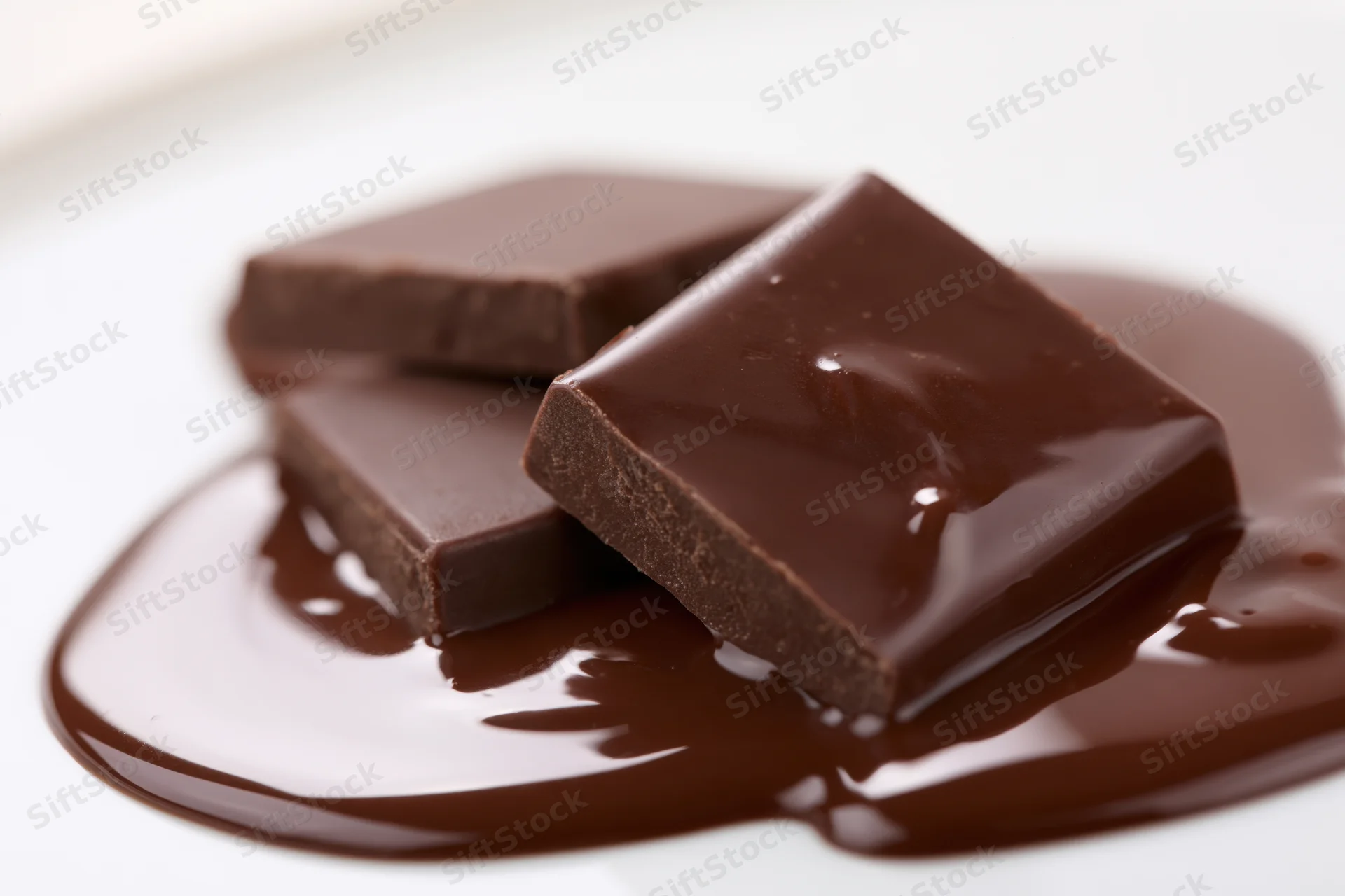 Dark chocolate squares resting in a pool of melted chocolate on a white surface