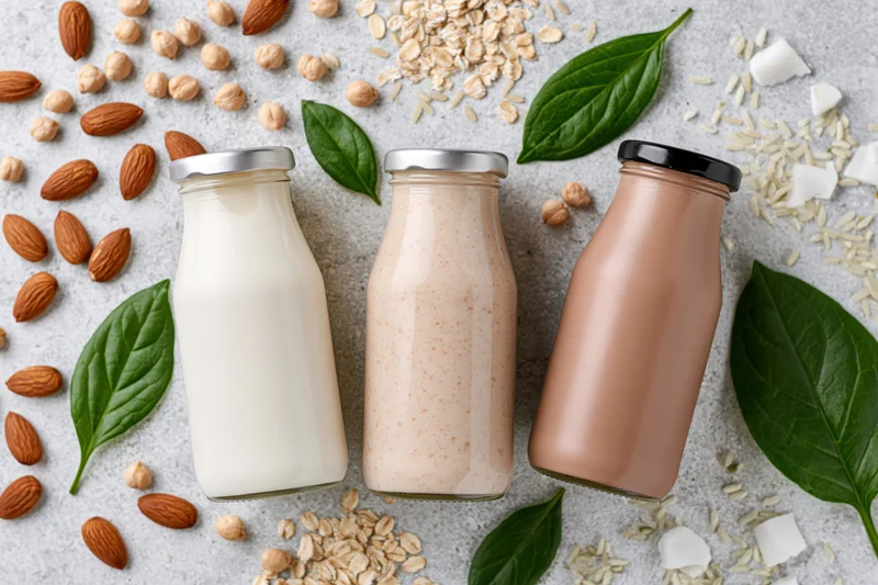 Three glass bottles of plant-based milk arranged with scattered nuts, grains, and leaves on a light surface