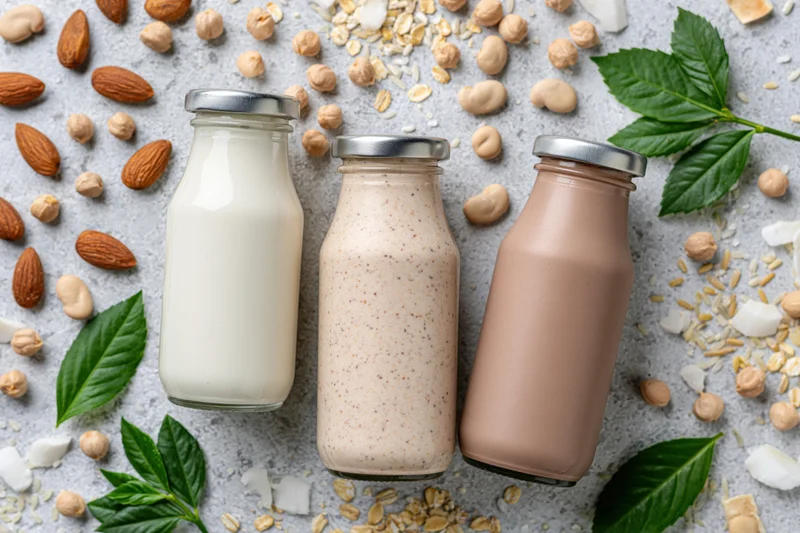 Three glass bottles of plant-based milk arranged on a gray surface with scattered nuts, seeds, and leaves