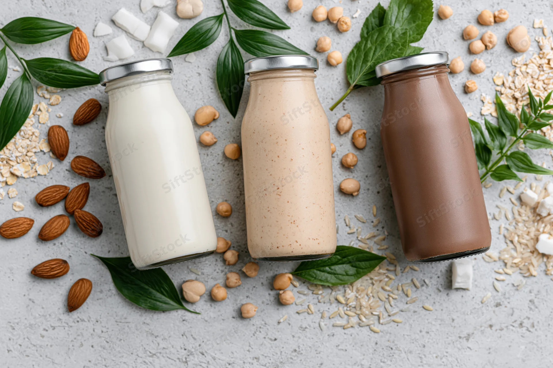Three glass bottles of plant-based milk in white, beige and chocolate varieties arranged with scattered nuts, grains and leaves on a gray textured surface