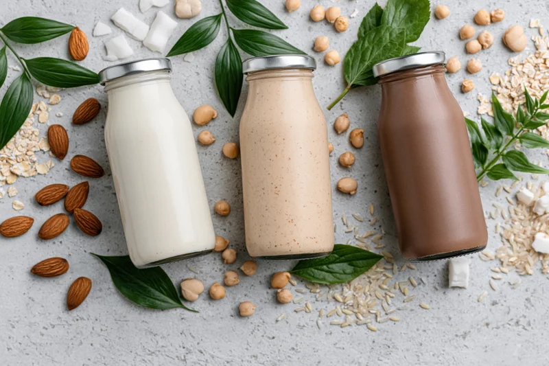 Three glass bottles of plant-based milk in white, beige and chocolate varieties arranged with scattered nuts, grains and leaves on a gray textured surface