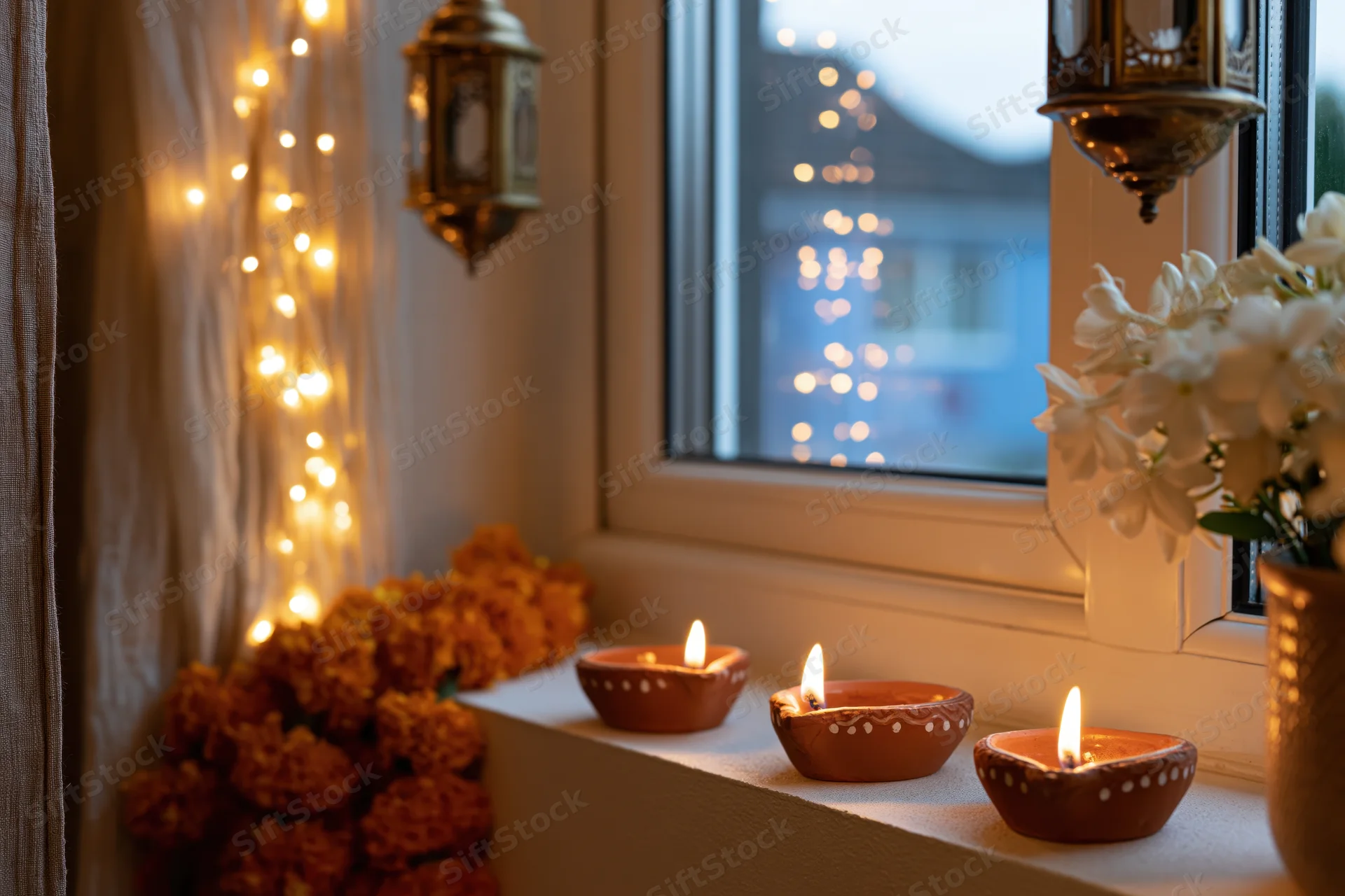 Three lit clay diya lamps arranged on a windowsill ledge with marigold flowers and string lights during evening