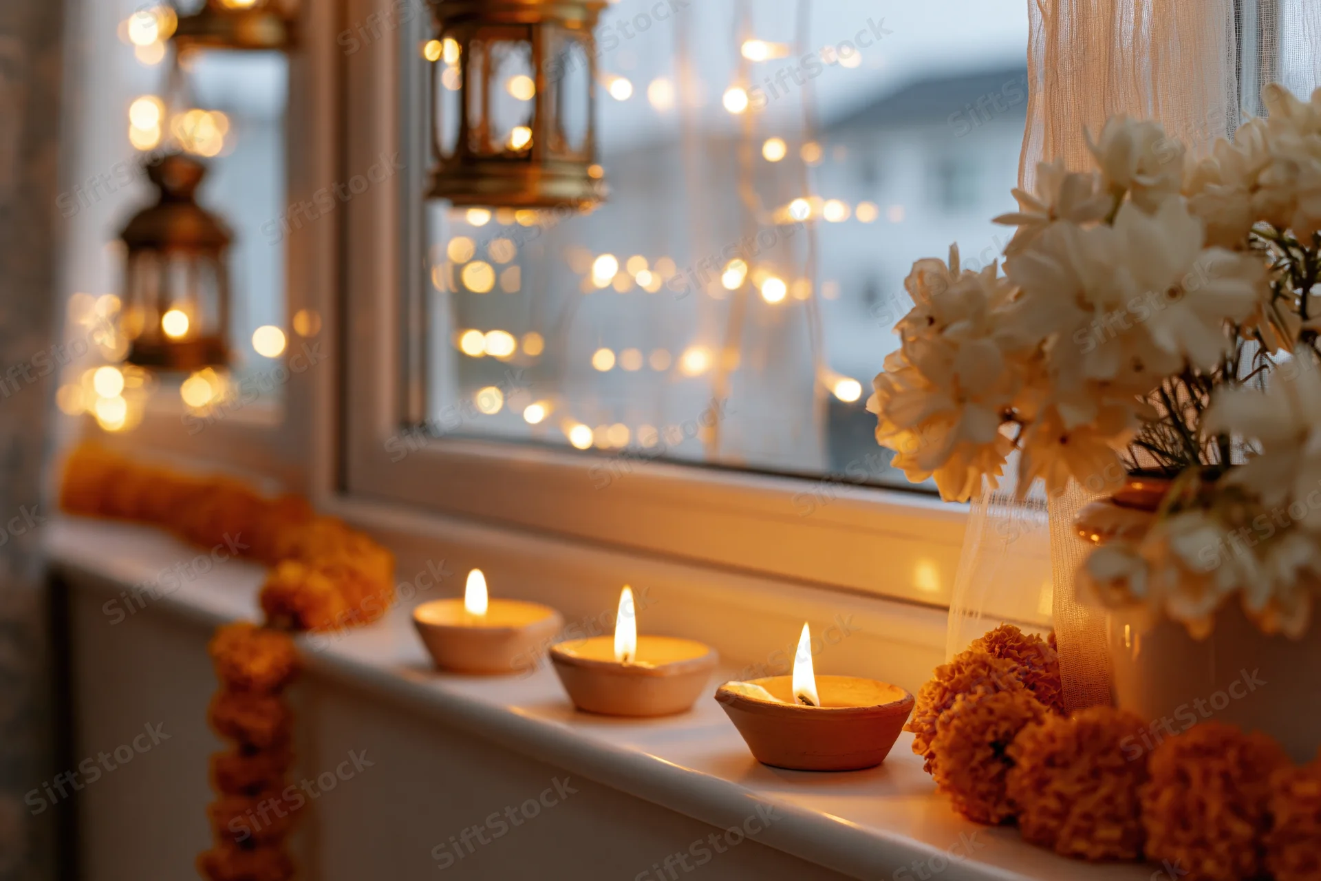 Three lit clay diya lamps on a windowsill with marigold garlands and string lights during diwali celebration