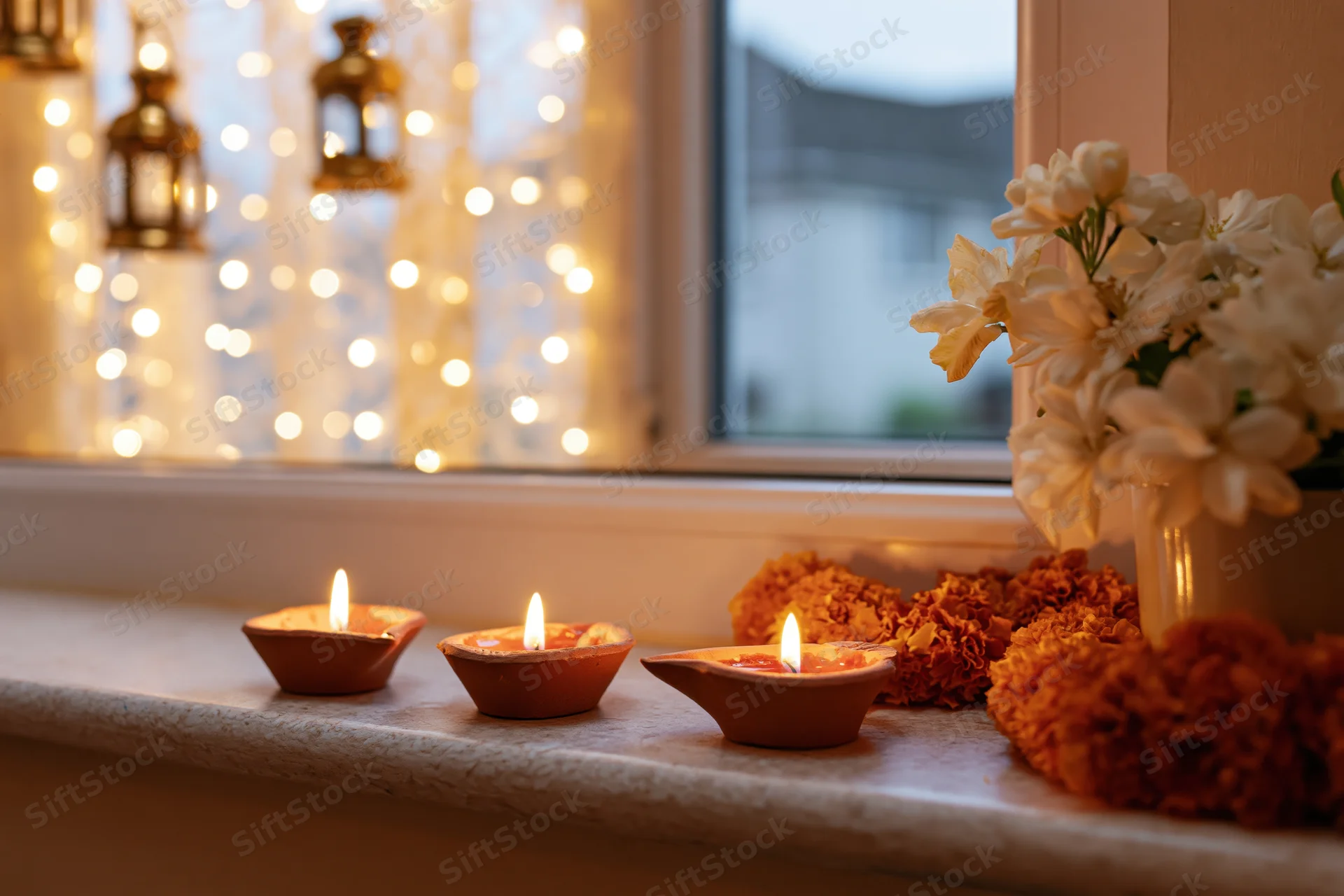 Three lit clay diya lamps arranged on a windowsill ledge with marigold flowers and string lights in the background