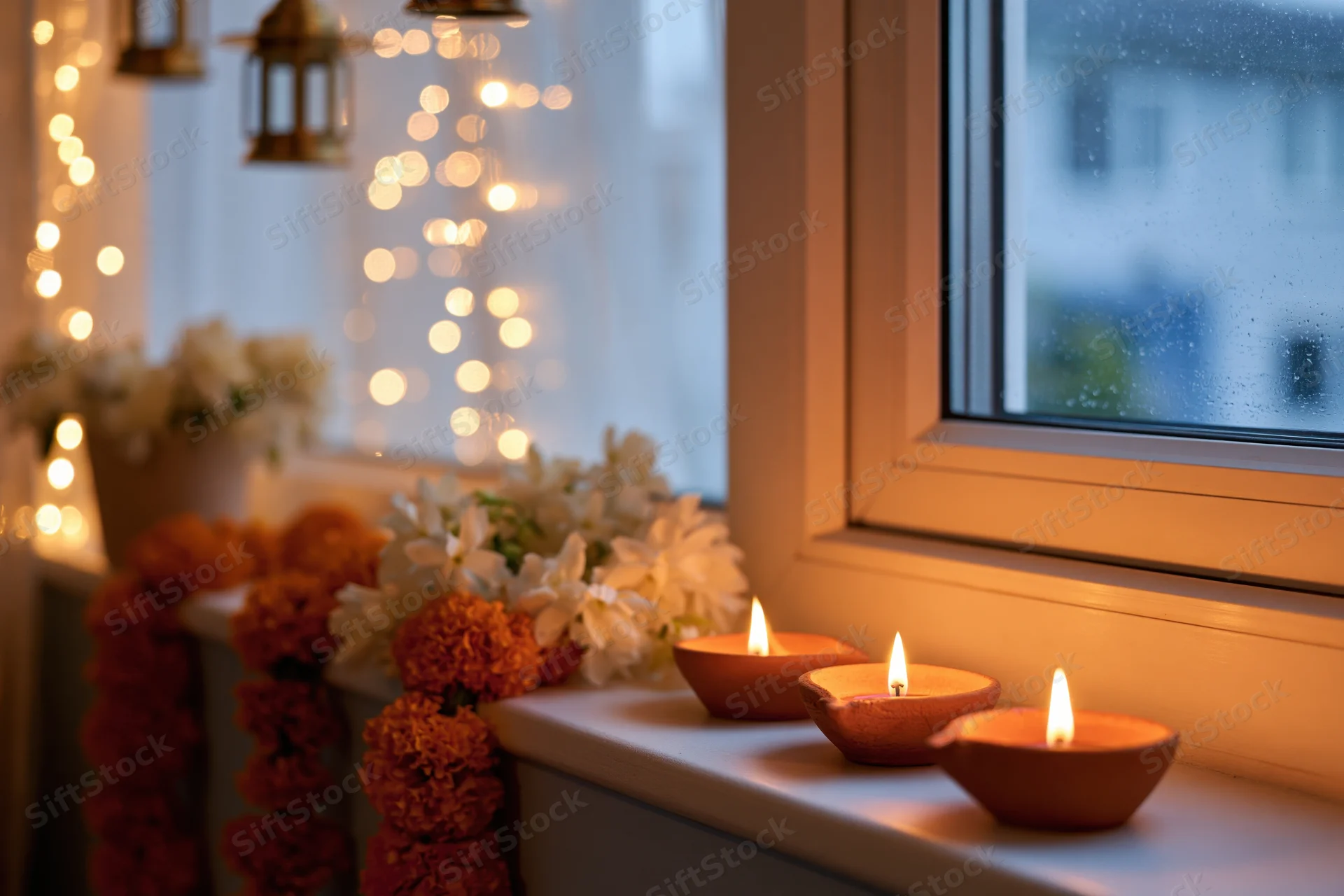 Three lit clay diya lamps on a windowsill with flowers and string lights during diwali celebration