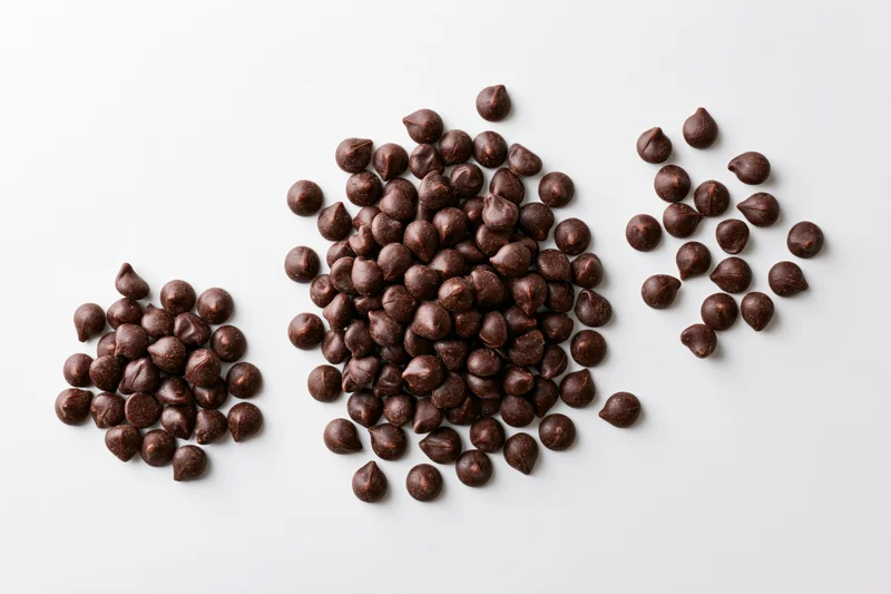 Three piles of dark chocolate chips scattered on white surface