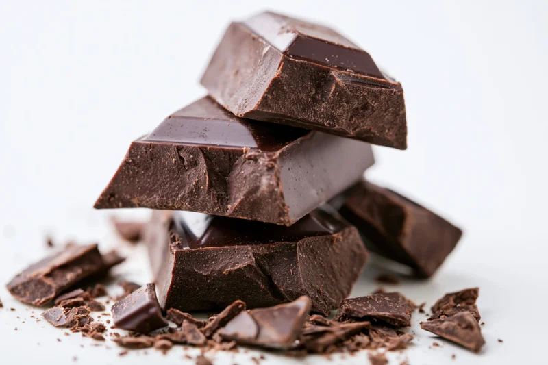 Broken dark chocolate pieces stacked loosely on white background