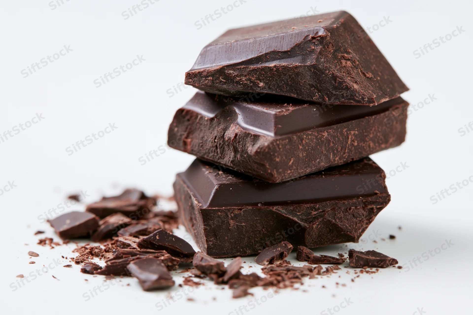 Broken dark chocolate pieces stacked with crumbs on white background