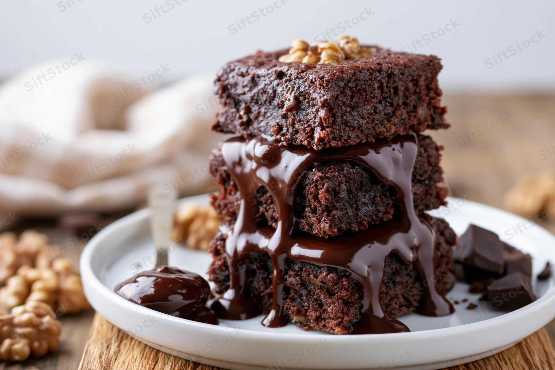 Three stacked chocolate walnut brownies with chocolate sauce dripping on a white plate on a wooden table
