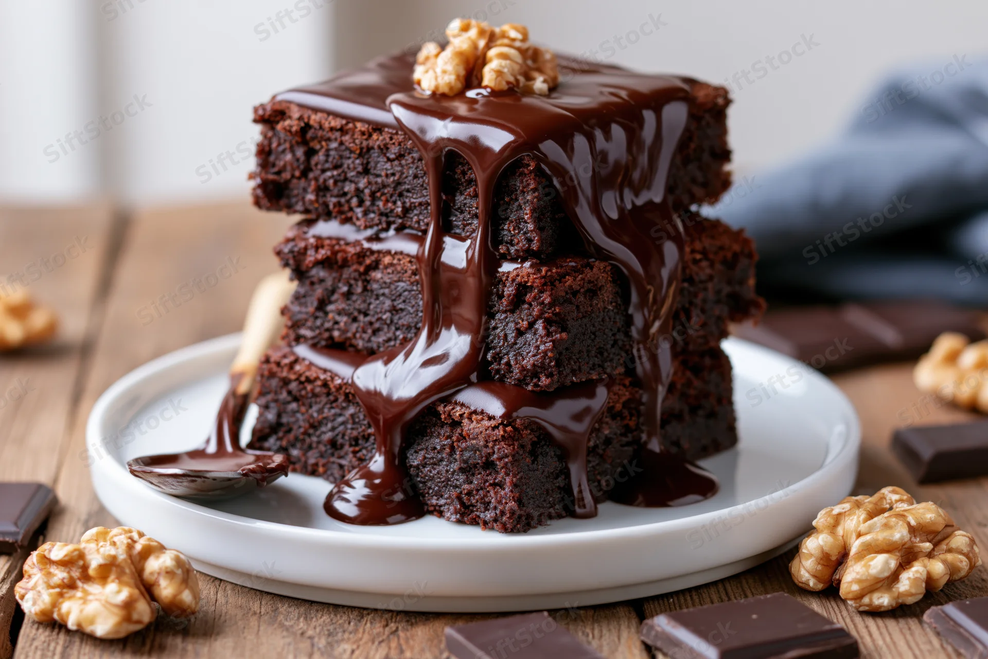Three stacked chocolate walnut brownies with dripping chocolate glaze on a white plate on a wooden table