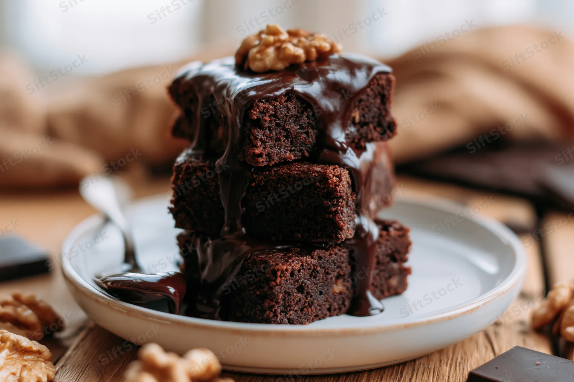 Three stacked chocolate walnut brownies with chocolate glaze on a white plate on a wooden table