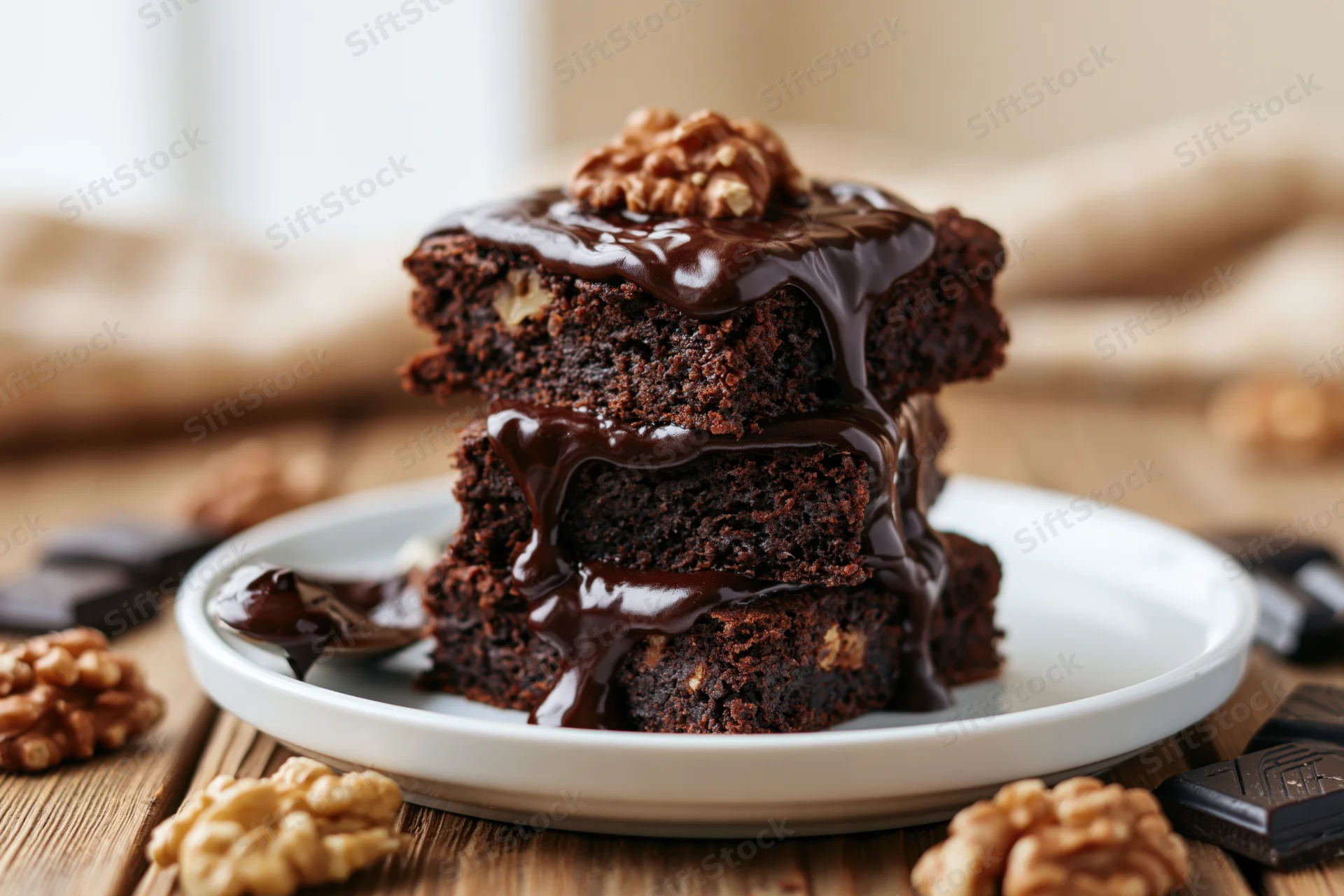 Three stacked chocolate walnut brownies with chocolate glaze on a white plate on a wooden table