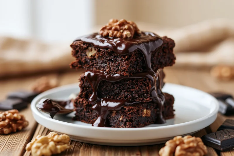 Three stacked chocolate walnut brownies with chocolate glaze on a white plate on a wooden table