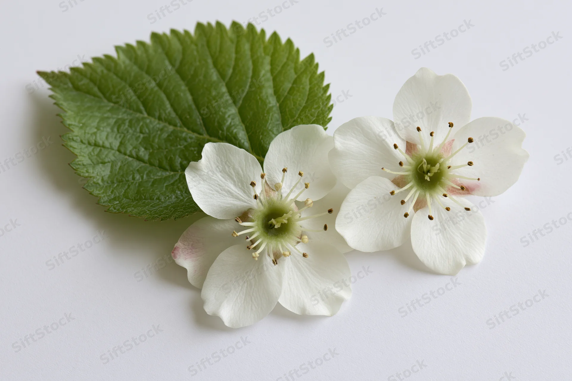 Two white pear blossoms with green centers and a single leaf on a white background