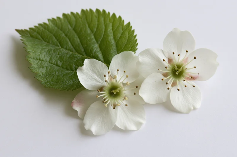 Two white pear blossoms with green centers and a single leaf on a white background