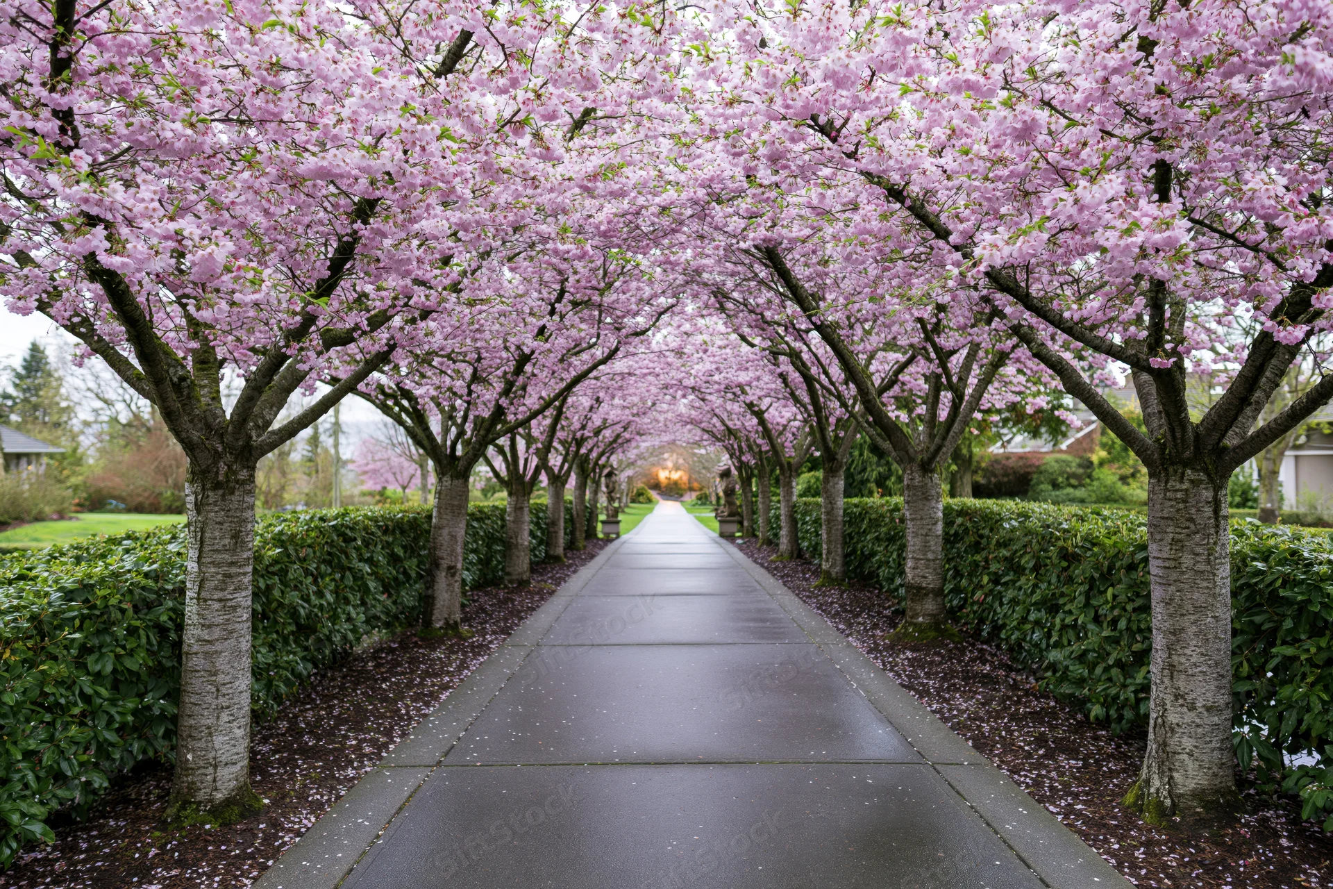 Cherry blossom trees forming a blooming tunnel over a paved pathway in a garden setting