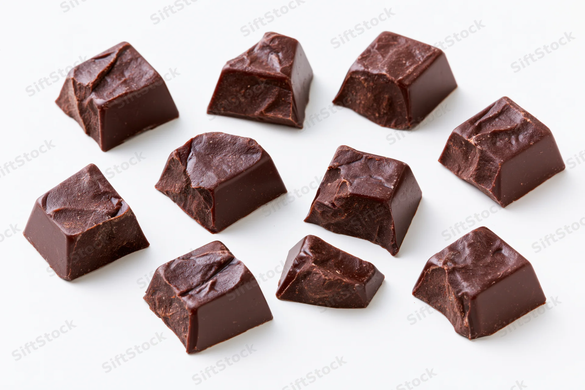 Broken dark chocolate chunks arranged on white surface