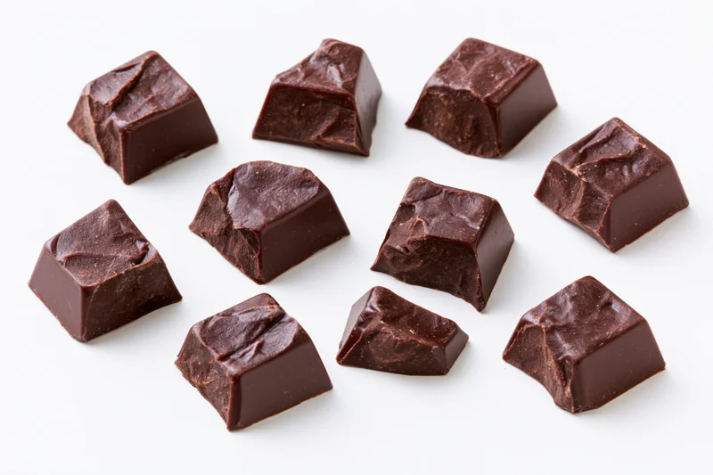 Broken dark chocolate chunks arranged on white surface
