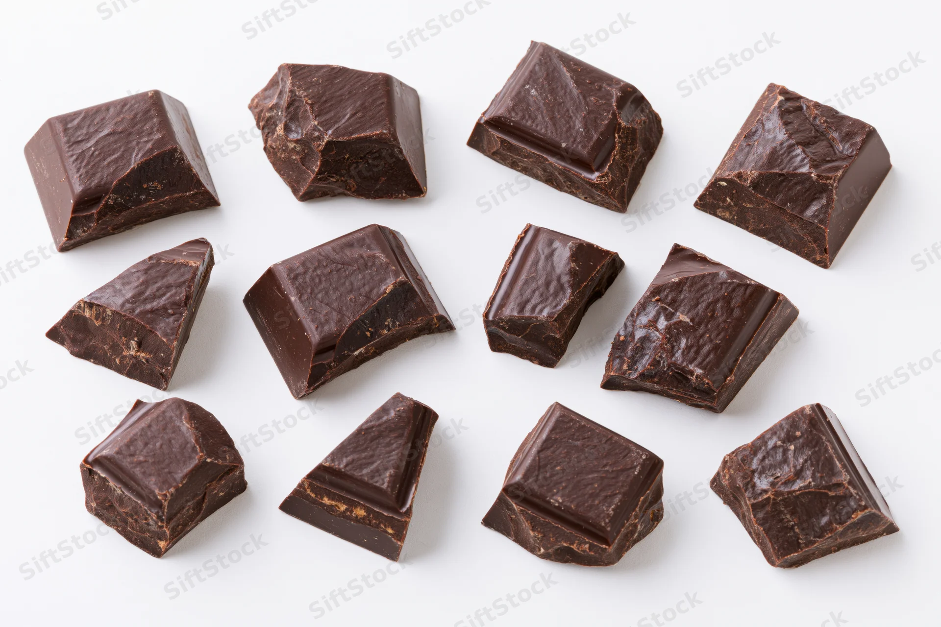 Broken dark chocolate chunks scattered on white background