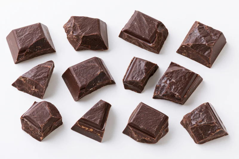 Broken dark chocolate chunks scattered on white background