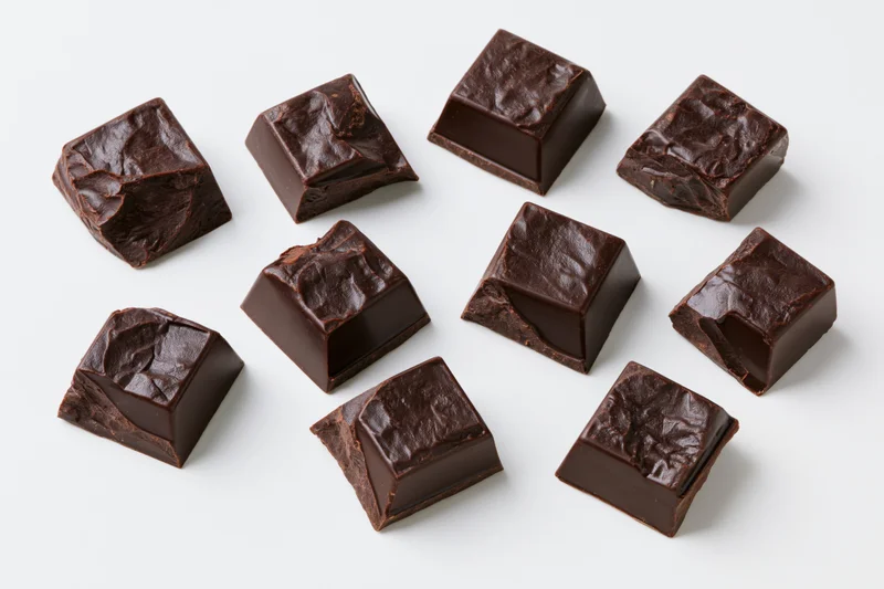 Twelve irregular broken dark chocolate chunks arranged on white background