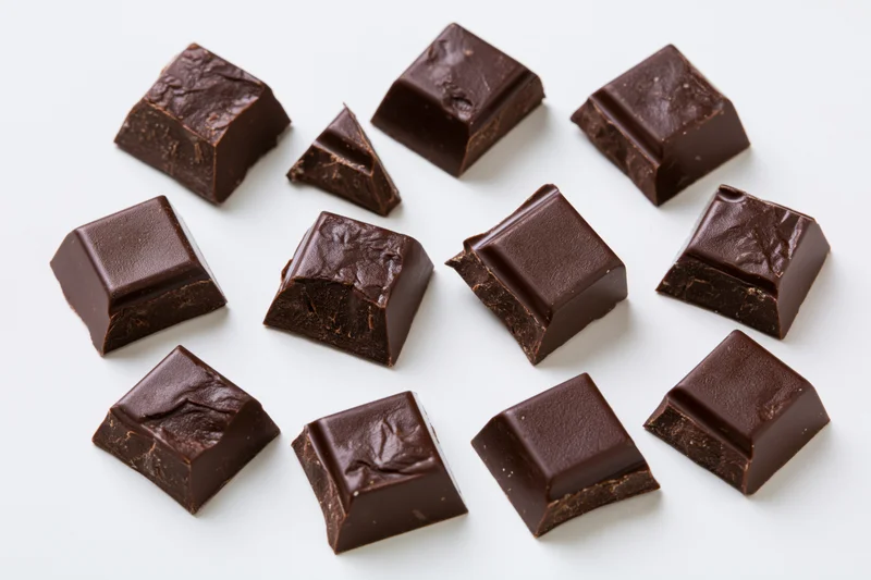 Broken dark chocolate chunks arranged on white background