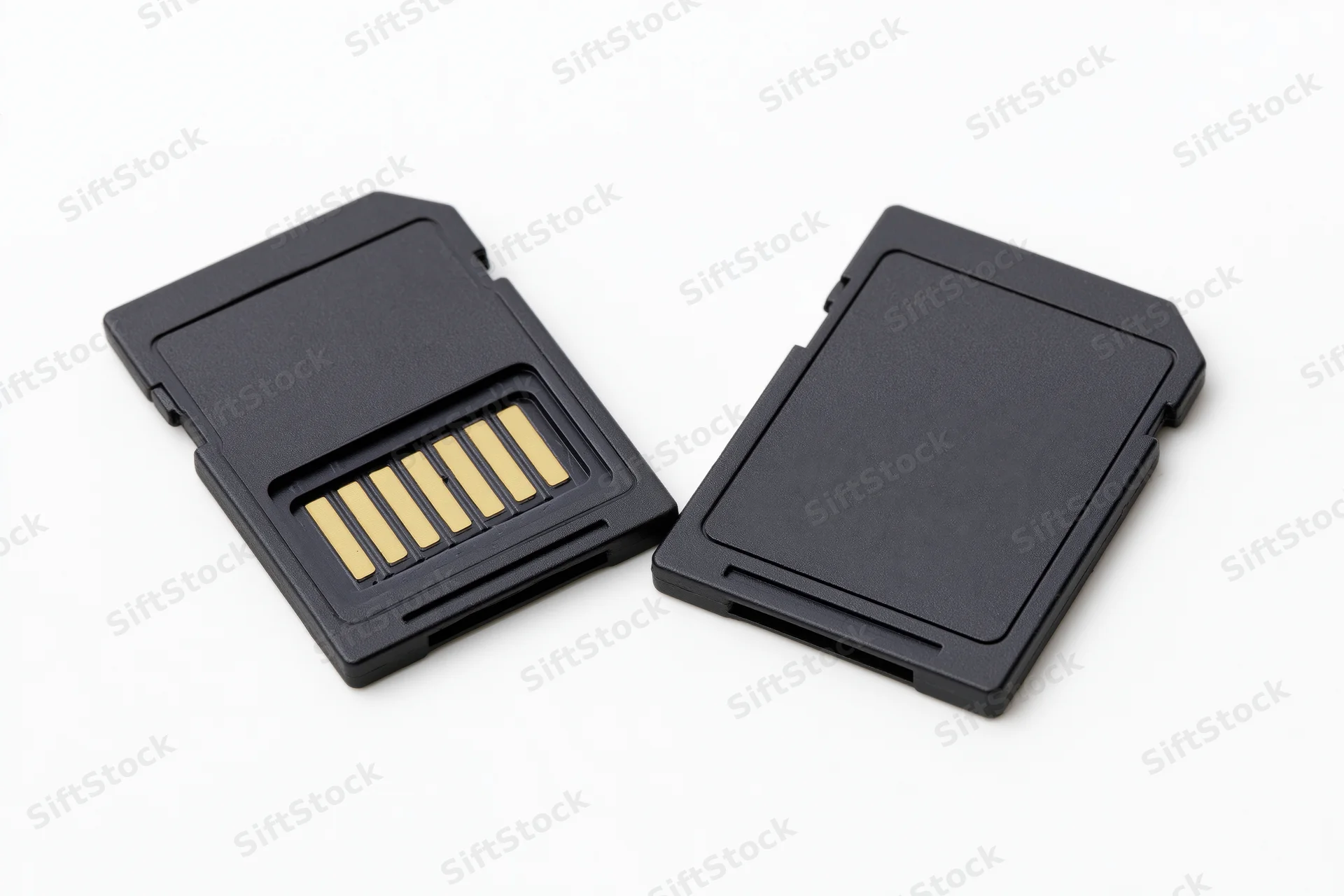 Two black sd memory cards side by side on white background showing gold connectors and plastic casing