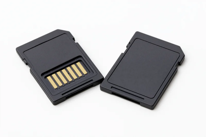 Two black sd memory cards side by side on white background showing gold connectors and plastic casing