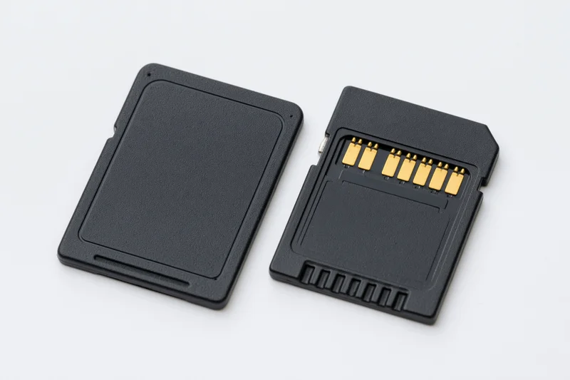 Two black sd memory cards side by side on white background showing front and connector details