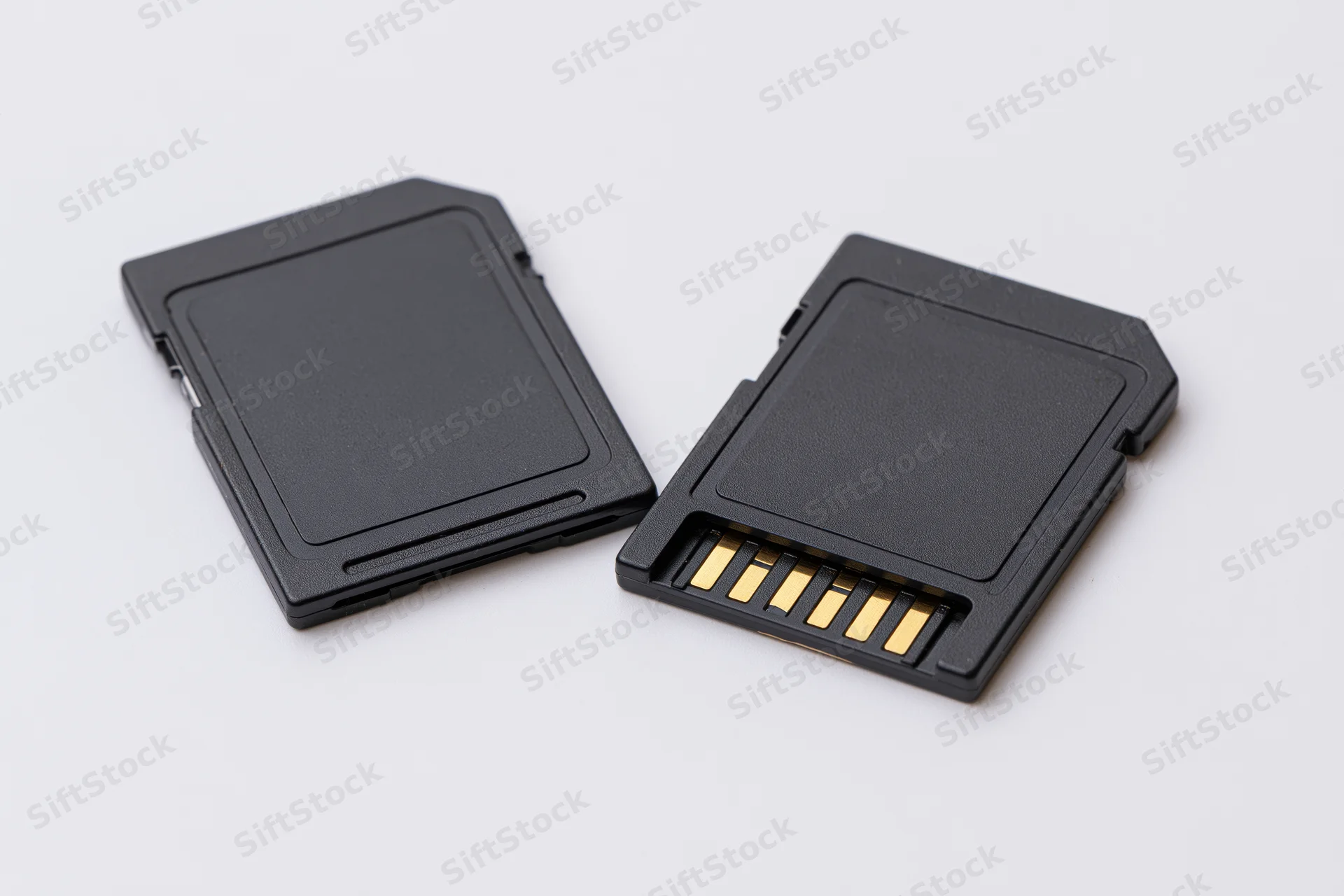 Two black sd memory cards side by side on white background showing front and connector