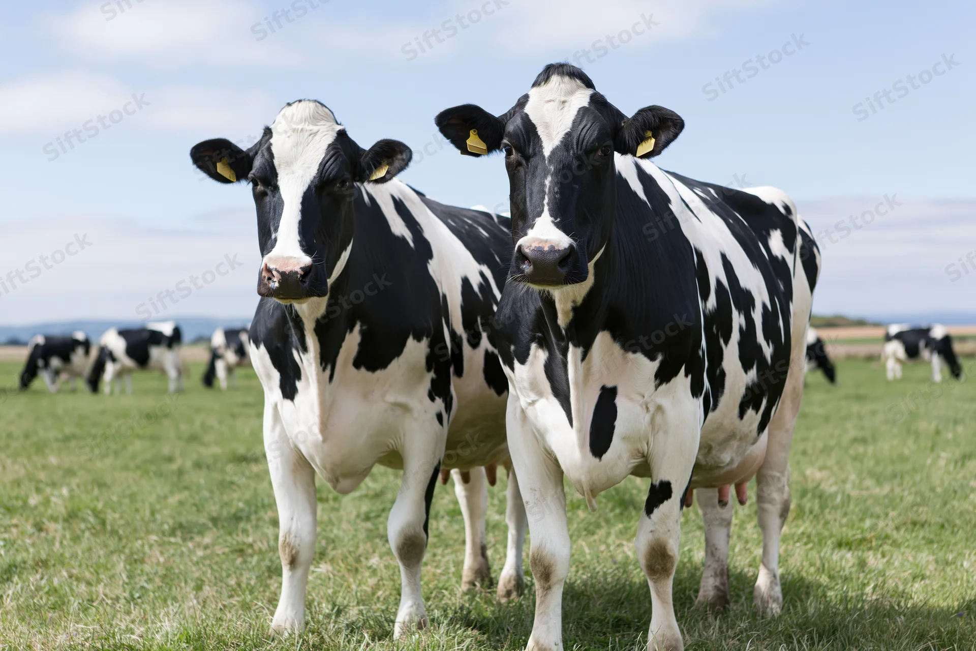 Two holstein dairy cows standing close together in a grassy pasture under a partly cloudy sky
