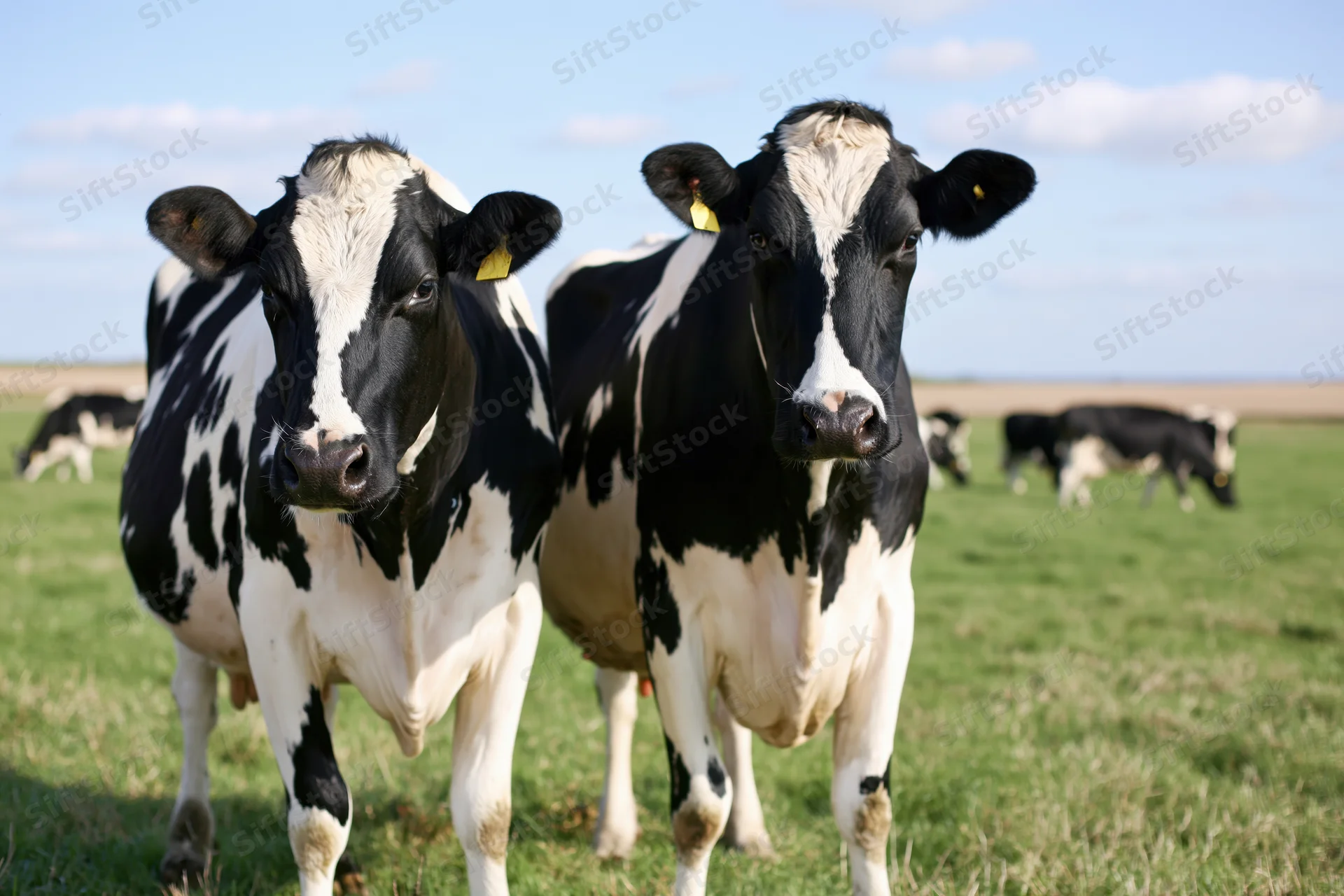 Two holstein dairy cows standing close together in a grassy pasture under a blue sky