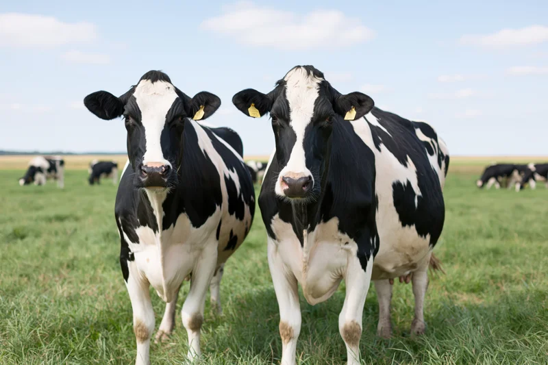 Two holstein dairy cows standing close together in a green pasture