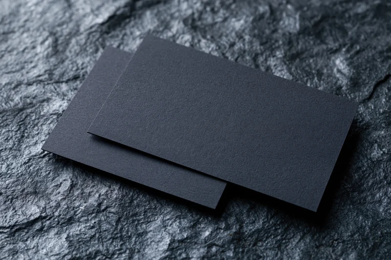 Two blank dark navy business cards overlapping on a textured stone surface