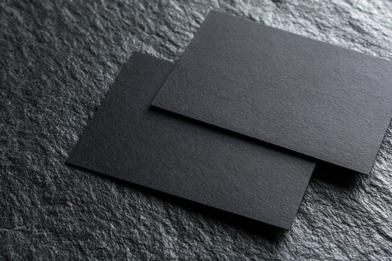 Two blank dark navy business cards overlapping on a textured stone surface