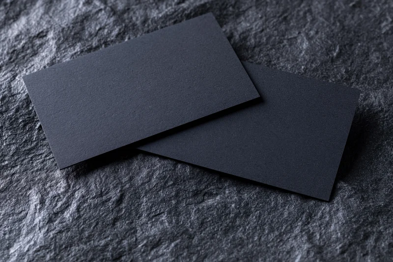 Two blank dark navy business cards overlapping on a textured stone surface