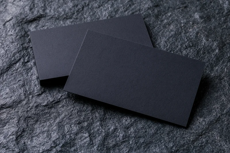 Two blank dark navy business cards resting on a textured slate surface