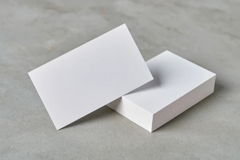 Blank white business cards arranged on a light grey concrete surface