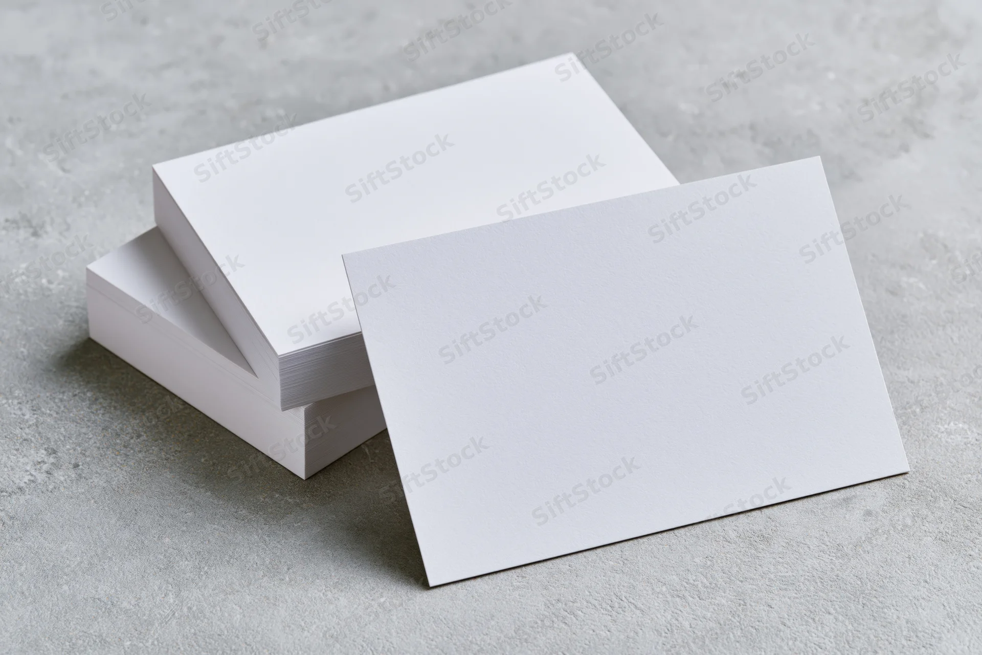 Blank white business cards stacked on a concrete surface with one card leaning forward, creating copyspace for design or branding