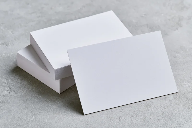 Blank white business cards stacked on a concrete surface with one card leaning forward, creating copyspace for design or branding