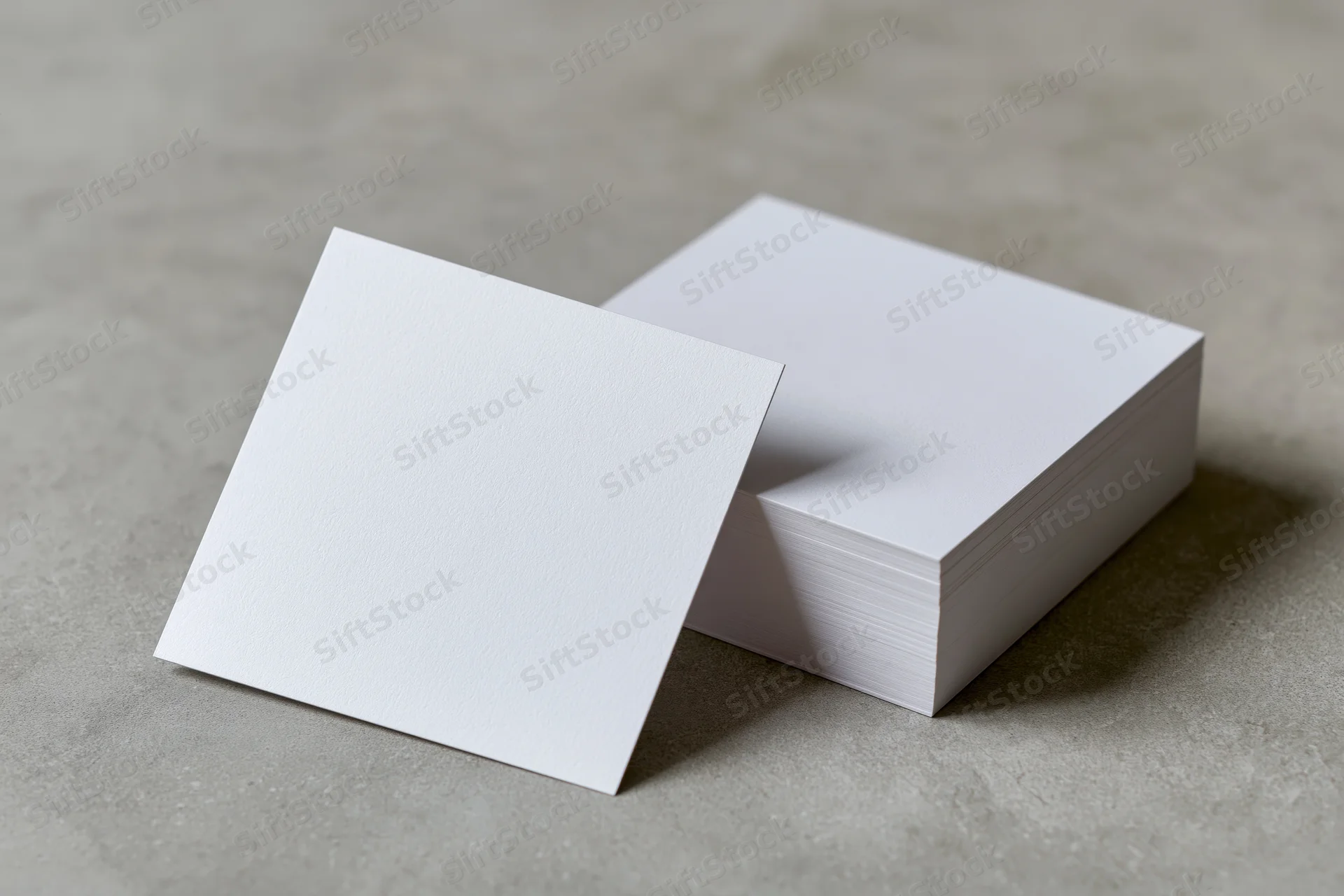 Blank white business cards arranged on a concrete surface with one card leaning against a stack
