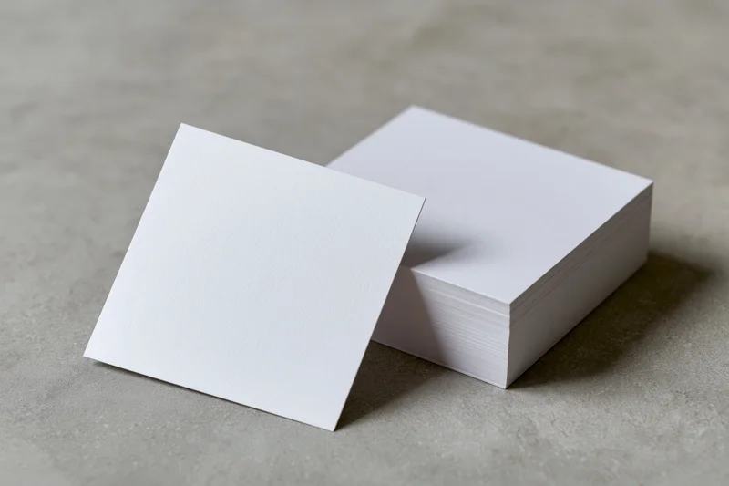 Blank white business cards arranged on a concrete surface with one card leaning against a stack
