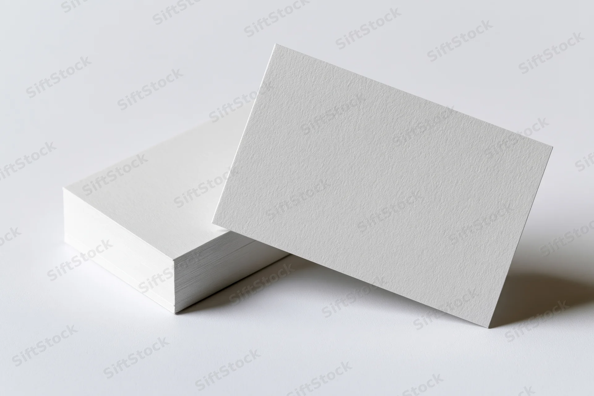 Blank white business cards stacked on white surface with one leaning forward