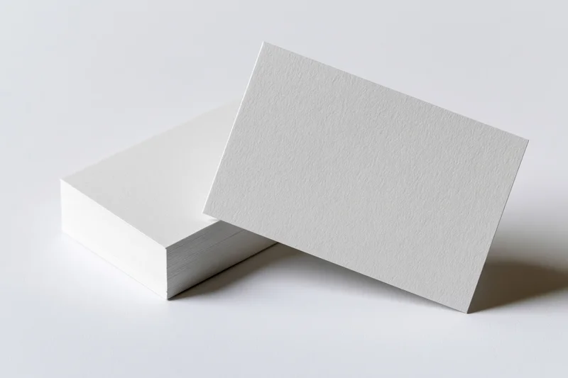 Blank white business cards stacked on white surface with one leaning forward