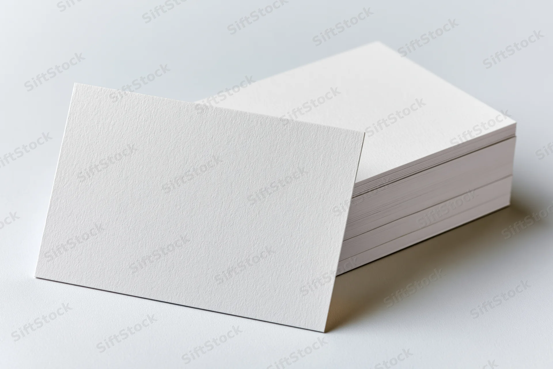 Blank white business card standing upright beside a stack on a white surface