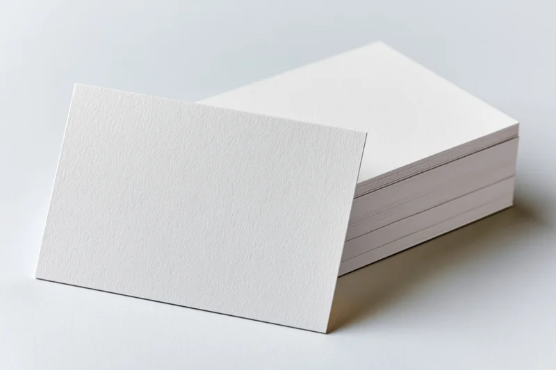Blank white business card standing upright beside a stack on a white surface