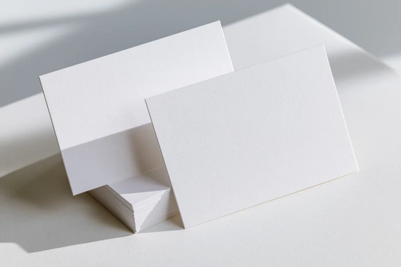 Blank white business cards arranged on a white surface with soft shadows and copyspace