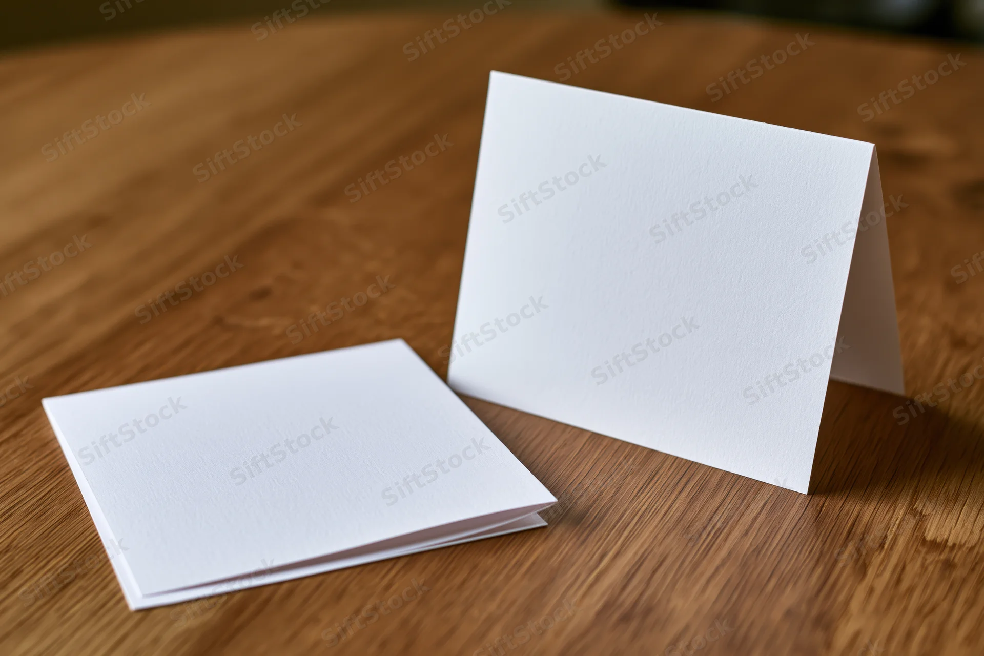 Two blank white folded greeting cards on a warm oak wooden table